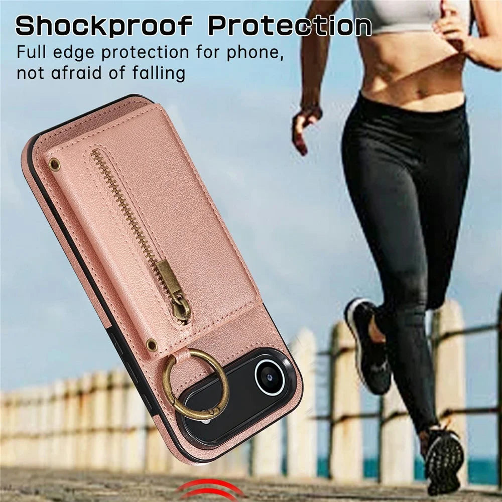 For iPhone Air Leather Back Cover Zipper Wallet Kickstand Phone Case with Shoulder Strap - Pink - 6