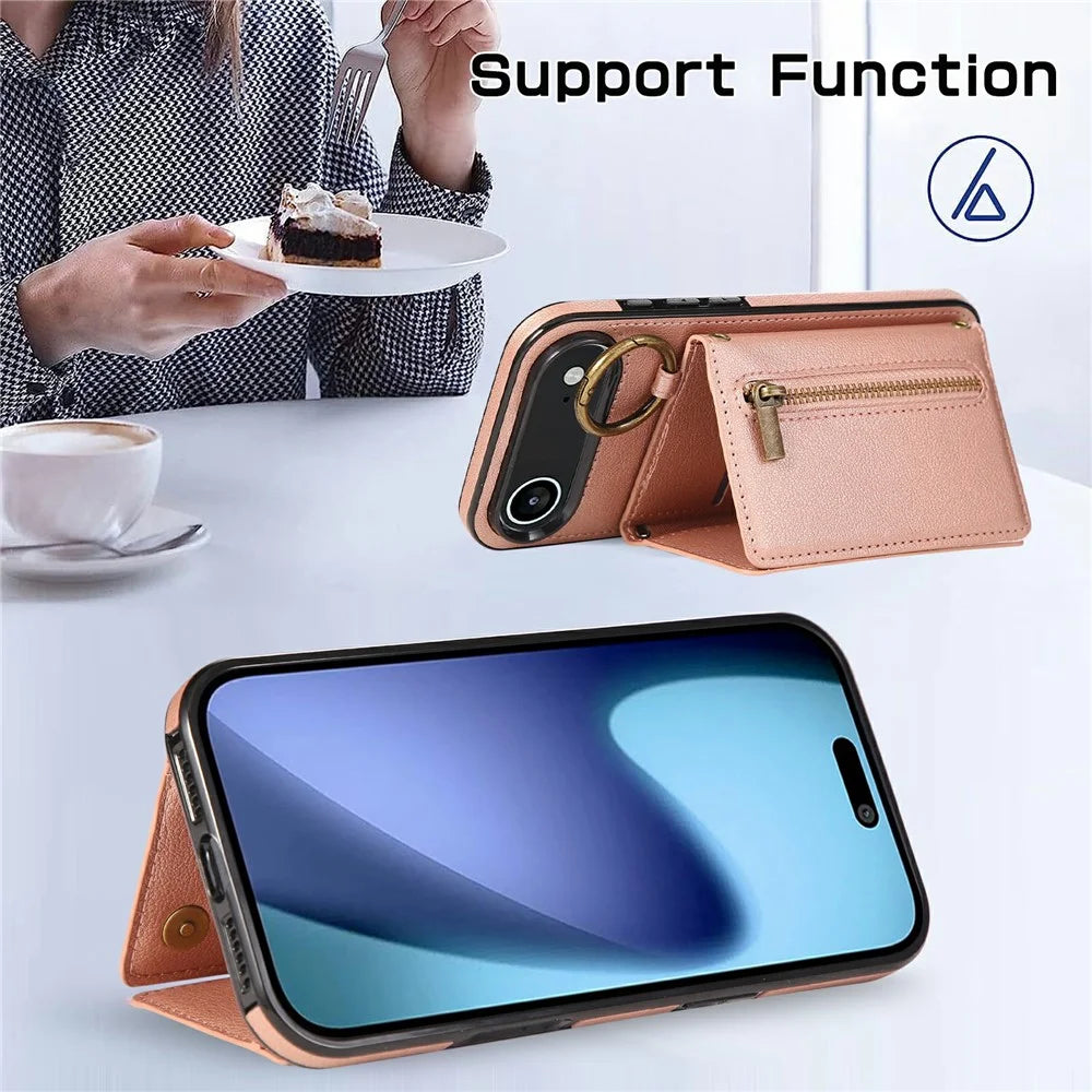 For iPhone Air Leather Back Cover Zipper Wallet Kickstand Phone Case with Shoulder Strap - Pink - 7
