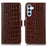 For Samsung Galaxy S25 FE Case RFID Blocking Wallet Crocodile Texture Genuine Cow Leather Phone Cover - Brown - 1