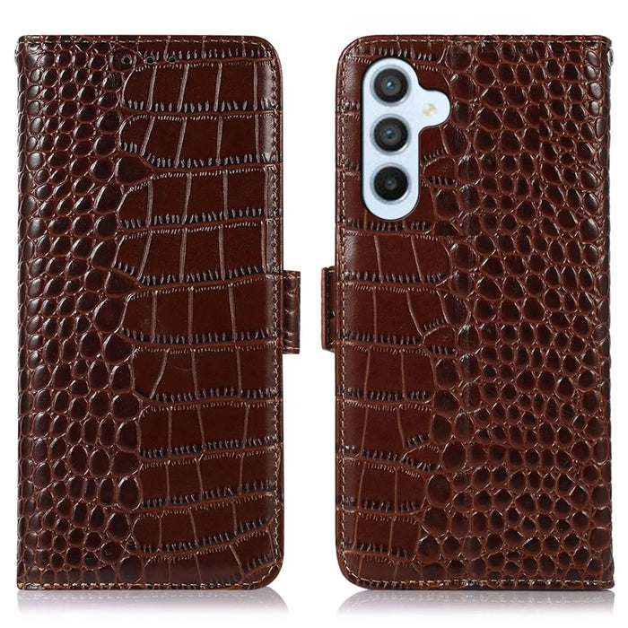 For Samsung Galaxy S25 FE Case RFID Blocking Wallet Crocodile Texture Genuine Cow Leather Phone Cover - Brown - 1