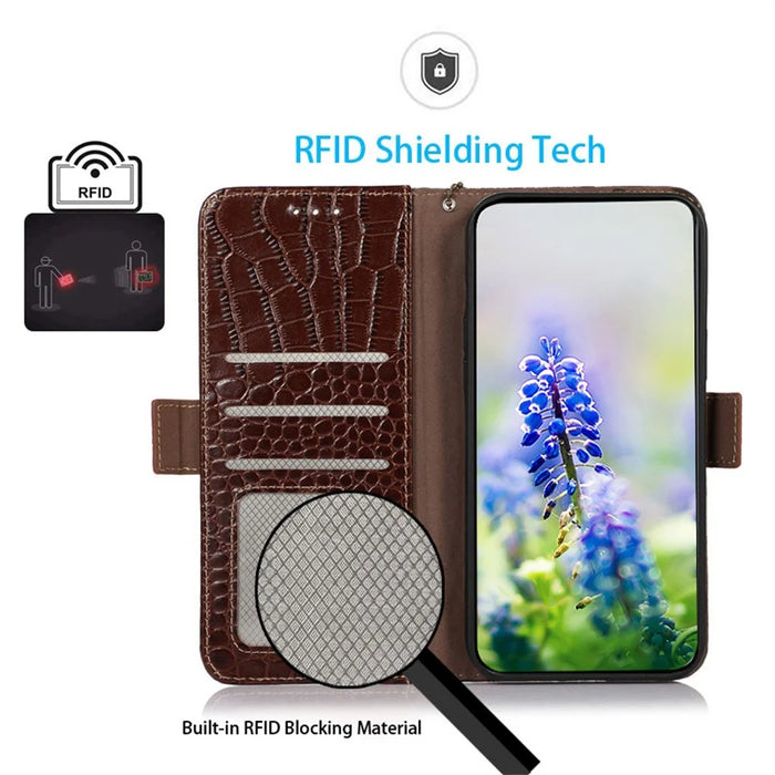 For Samsung Galaxy S25 FE Case RFID Blocking Wallet Crocodile Texture Genuine Cow Leather Phone Cover - Brown - 2