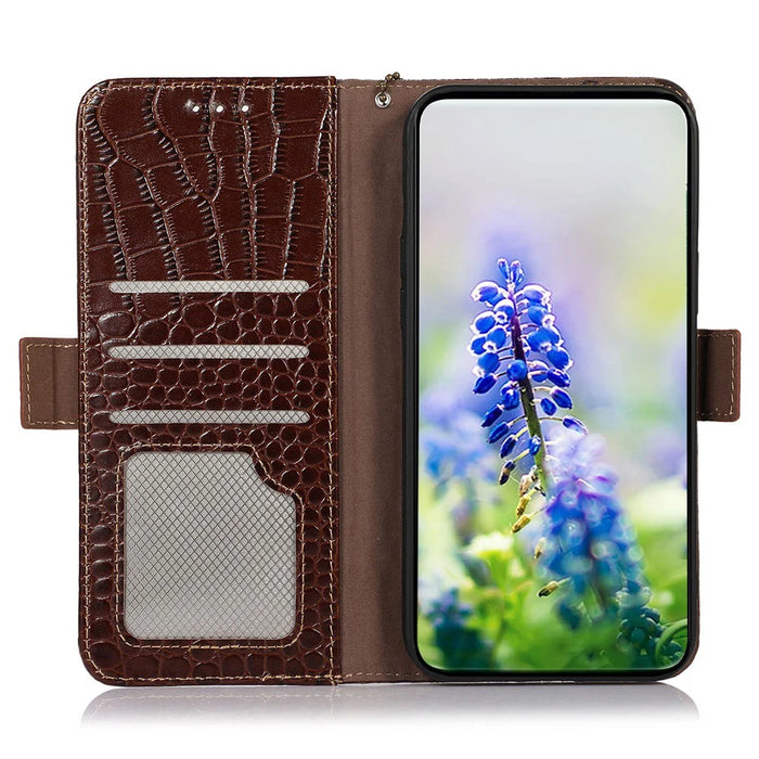 For Samsung Galaxy S25 FE Case RFID Blocking Wallet Crocodile Texture Genuine Cow Leather Phone Cover - Brown - 4