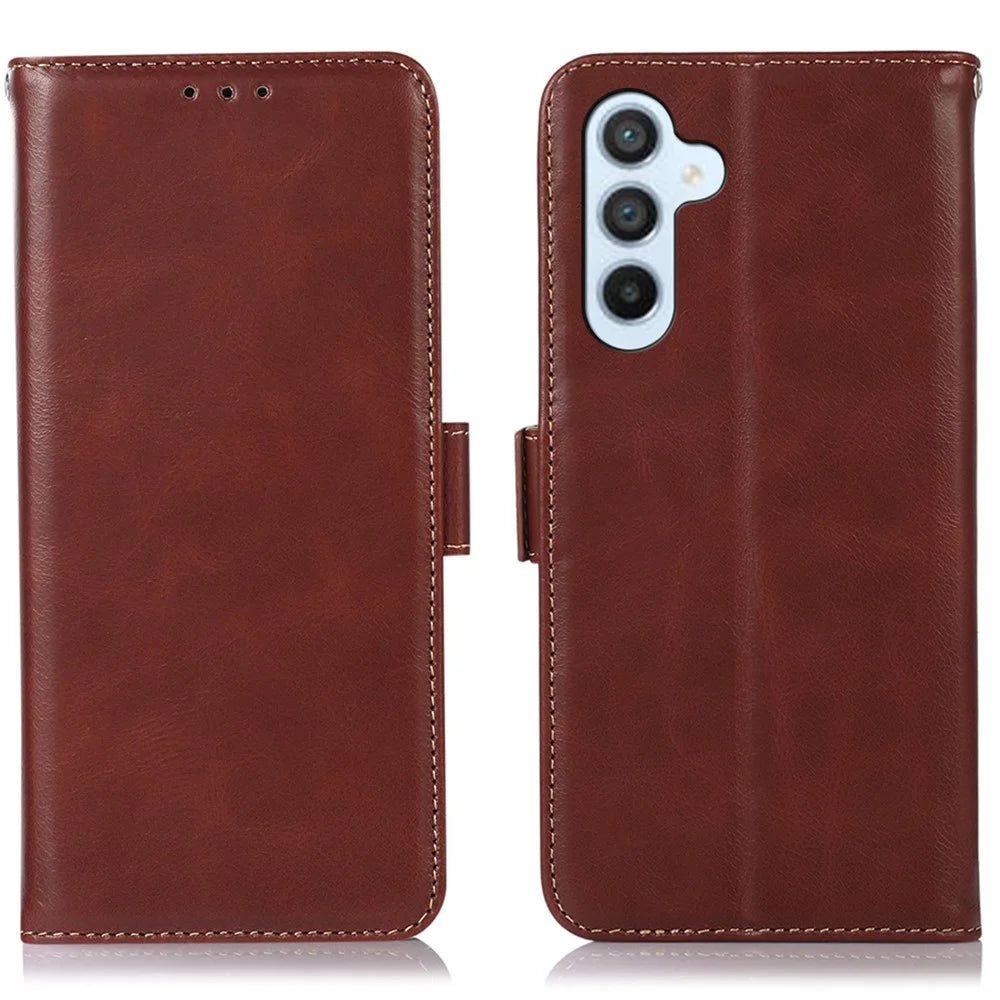For Samsung Galaxy S25 FE Case RFID Blocking Genuine Cow Leather Wallet Phone Cover - Brown - 1