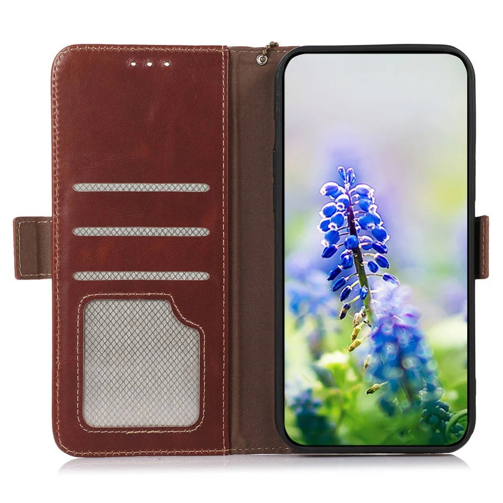For Samsung Galaxy S25 FE Case RFID Blocking Genuine Cow Leather Wallet Phone Cover - Brown - 2