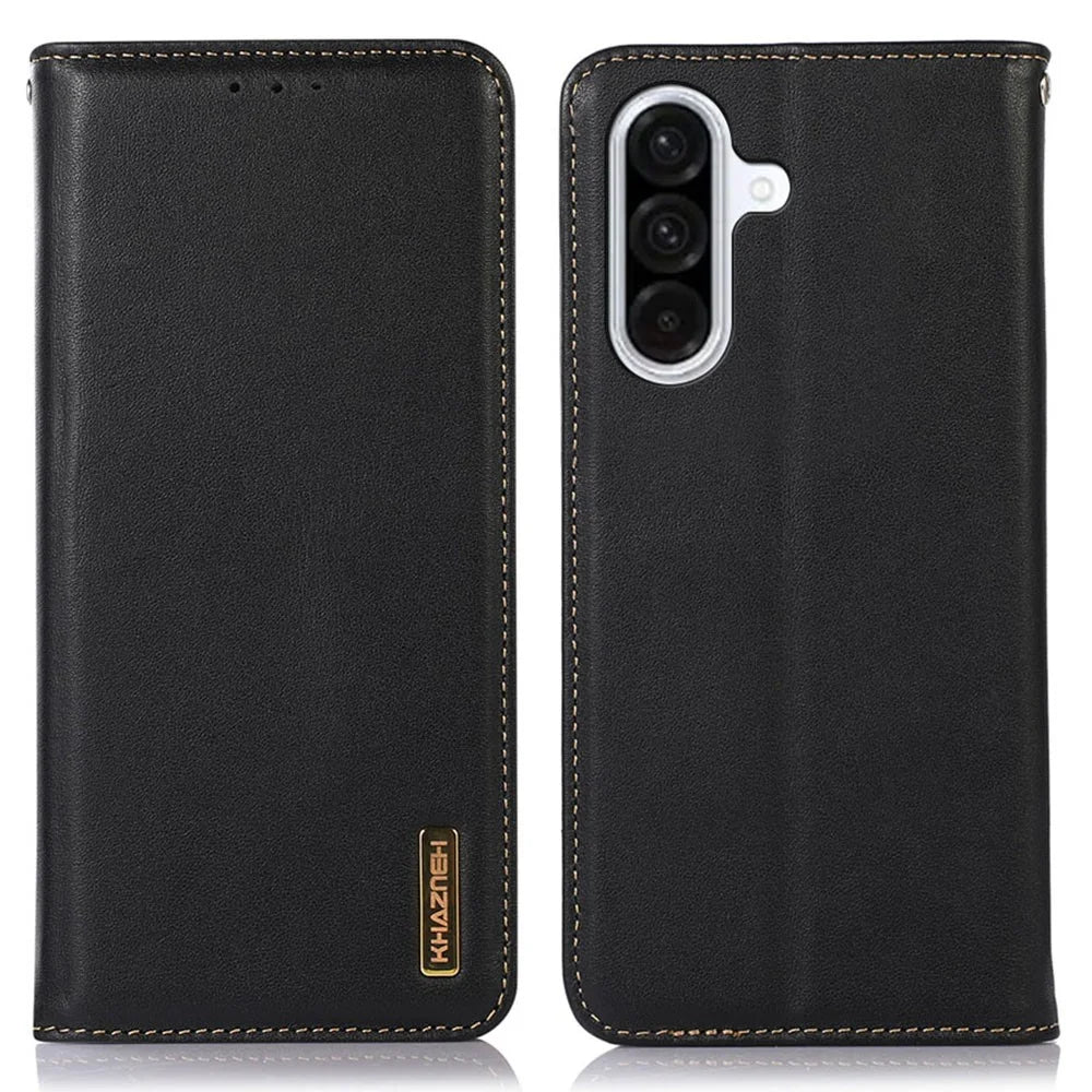 KHAZNEH For Samsung Galaxy S25 FE Case Wallet Genuine Cow Leather Phone Cover Nappa Texture - Black - 1