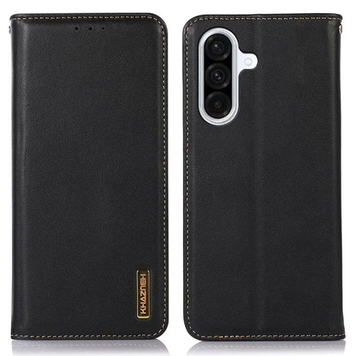 KHAZNEH For Samsung Galaxy S25 FE Case Wallet Genuine Cow Leather Phone Cover Nappa Texture - Black - 1