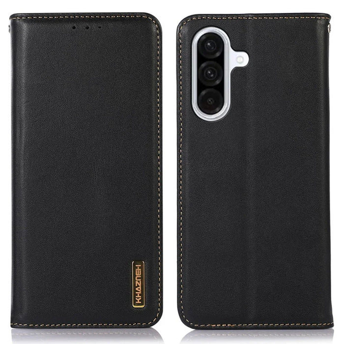 KHAZNEH For Samsung Galaxy S25 FE Case Wallet Genuine Cow Leather Phone Cover Nappa Texture - Black - 1