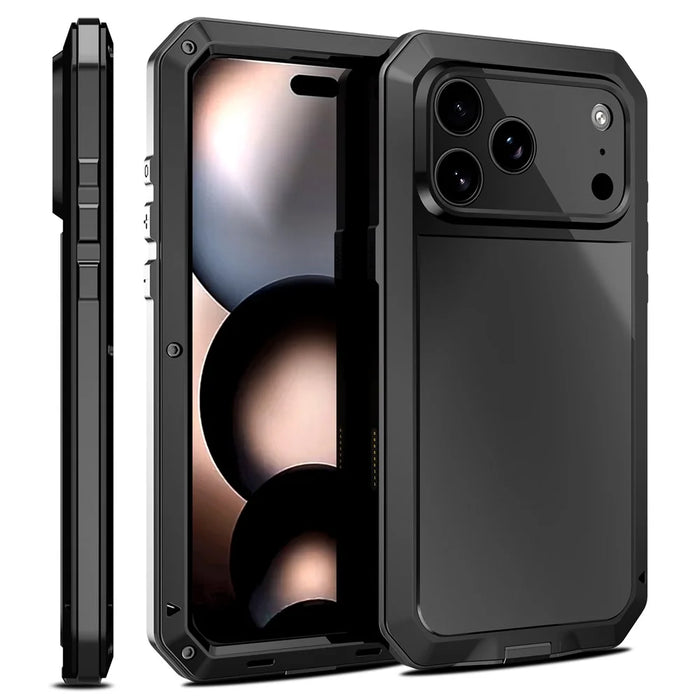 For iPhone 17 Pro Max Case Silicone + Metal Phone Cover with Tempered Glass Screen Protector - Black - 1