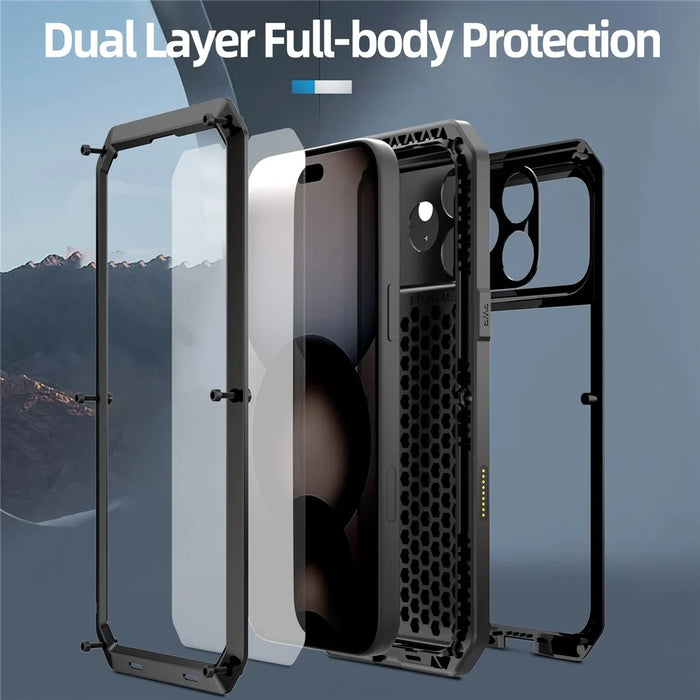 For iPhone 17 Pro Max Case Silicone + Metal Phone Cover with Tempered Glass Screen Protector - Black - 3