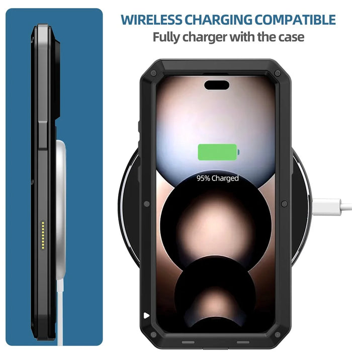 For iPhone 17 Pro Max Case Silicone + Metal Phone Cover with Tempered Glass Screen Protector - Black - 4