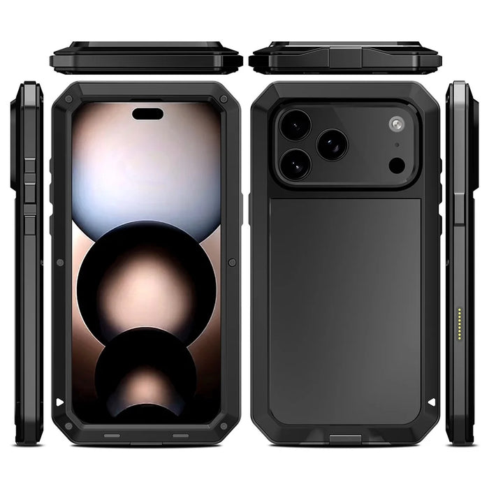 For iPhone 17 Pro Max Case Silicone + Metal Phone Cover with Tempered Glass Screen Protector - Black - 6