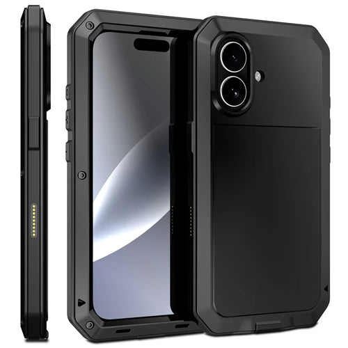 For iPhone 17 Case Silicone + Metal Phone Cover with Tempered Glass Screen Protector - Black - 1