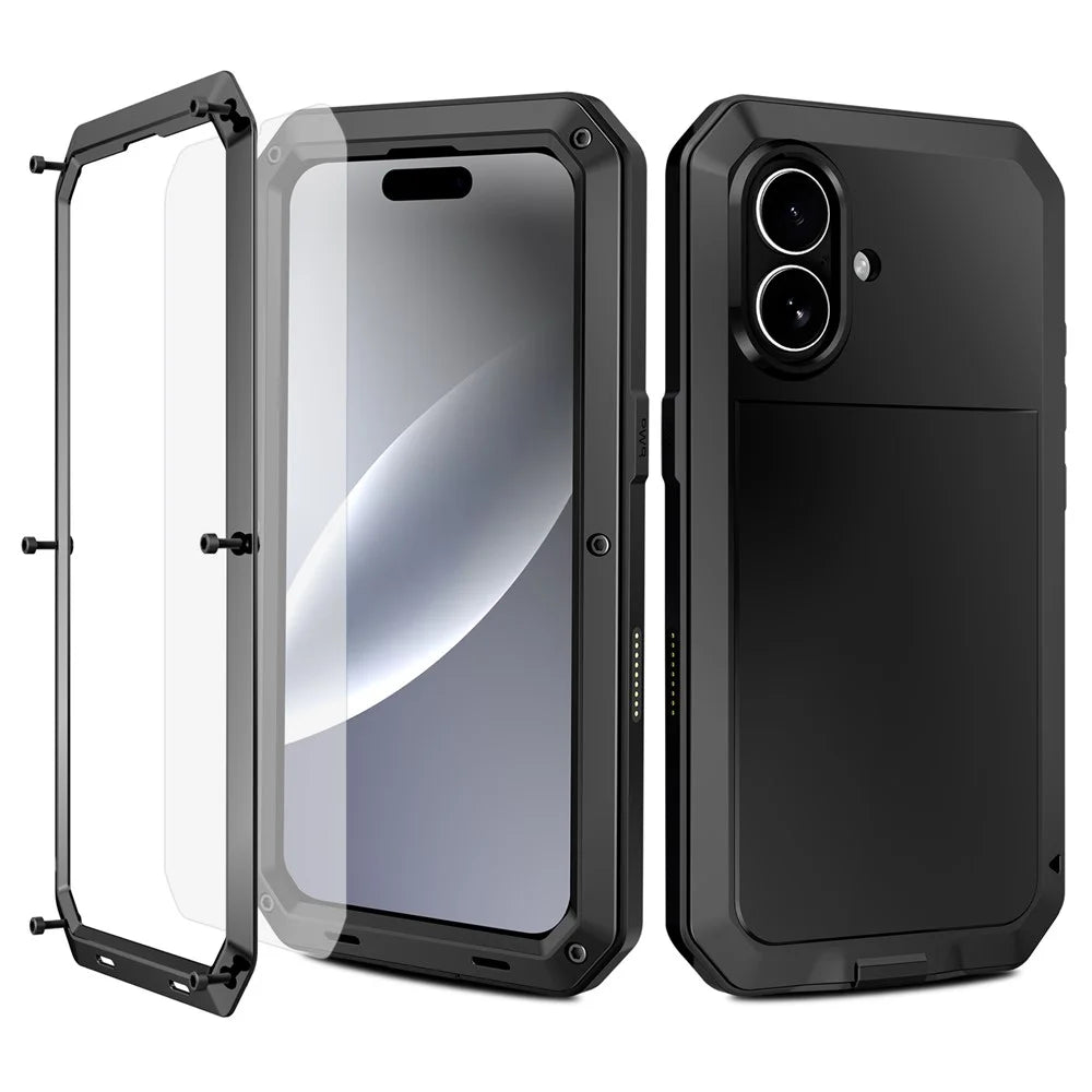 For iPhone 17 Case Silicone + Metal Phone Cover with Tempered Glass Screen Protector - Black - 2