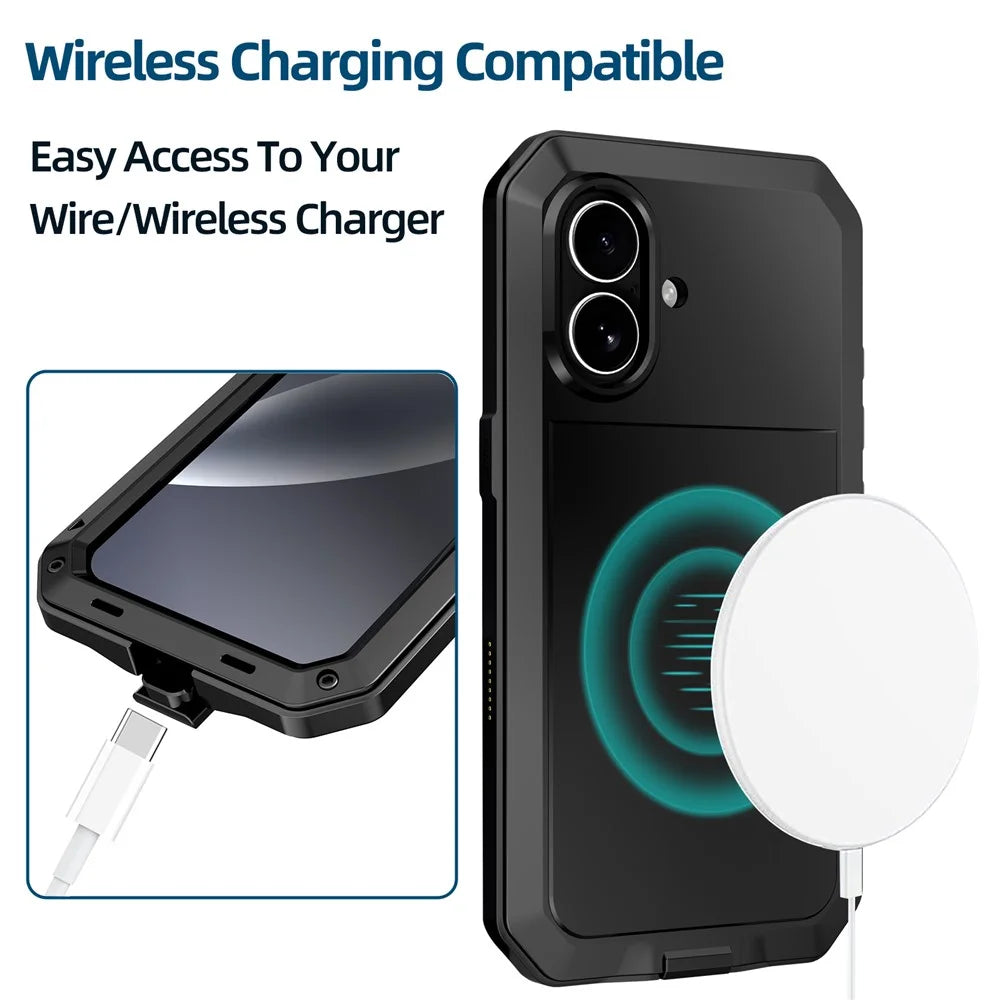 For iPhone 17 Case Silicone + Metal Phone Cover with Tempered Glass Screen Protector - Black - 3