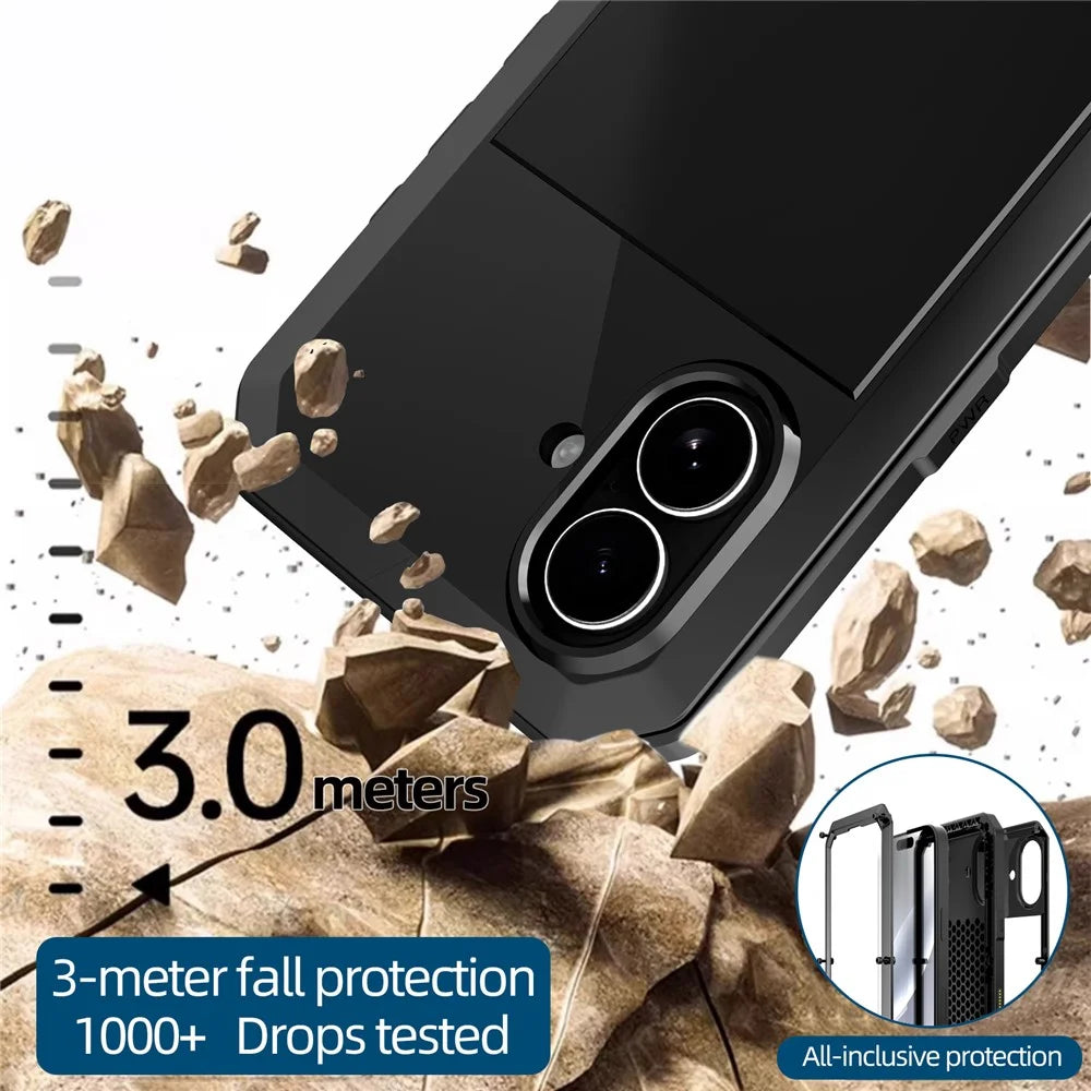 For iPhone 17 Case Silicone + Metal Phone Cover with Tempered Glass Screen Protector - Black - 4