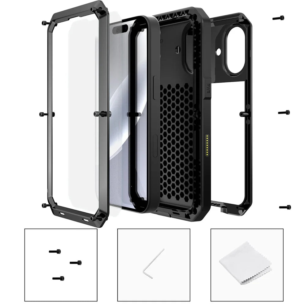 For iPhone 17 Case Silicone + Metal Phone Cover with Tempered Glass Screen Protector - Black - 6