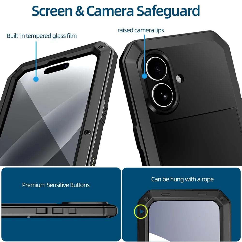 For iPhone 17 Case Silicone + Metal Phone Cover with Tempered Glass Screen Protector - Black - 7