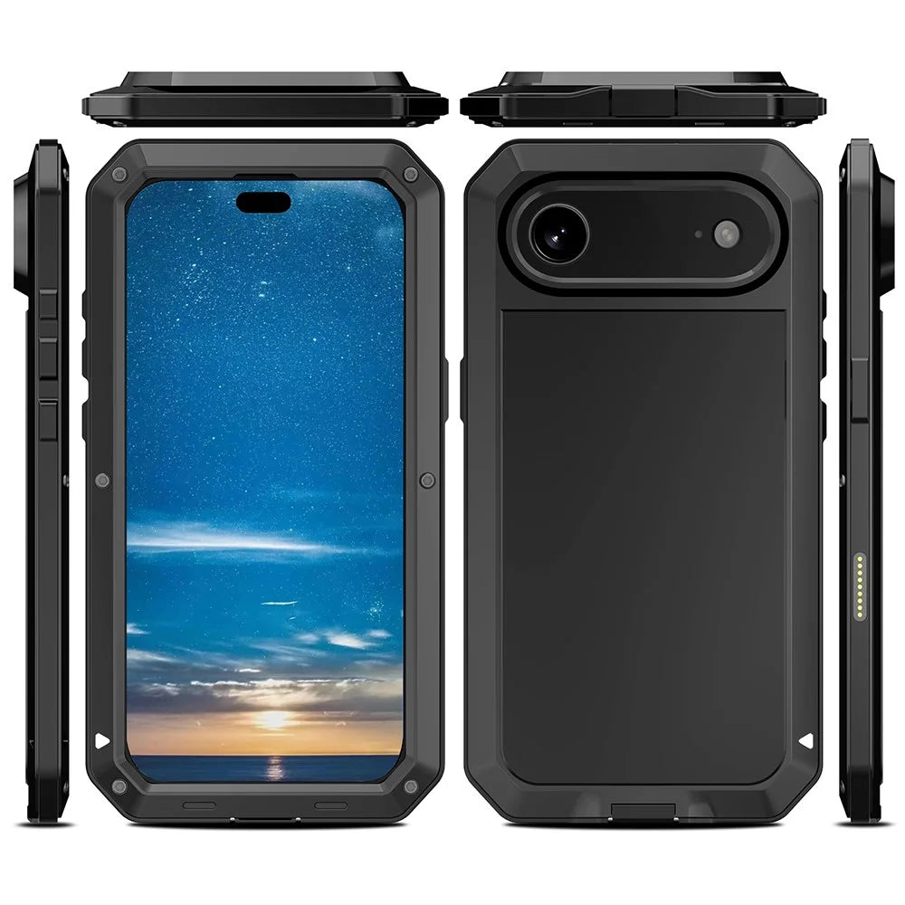 For iPhone Air Case Silicone + Metal Phone Cover with Tempered Glass Screen Protector - Black - 7