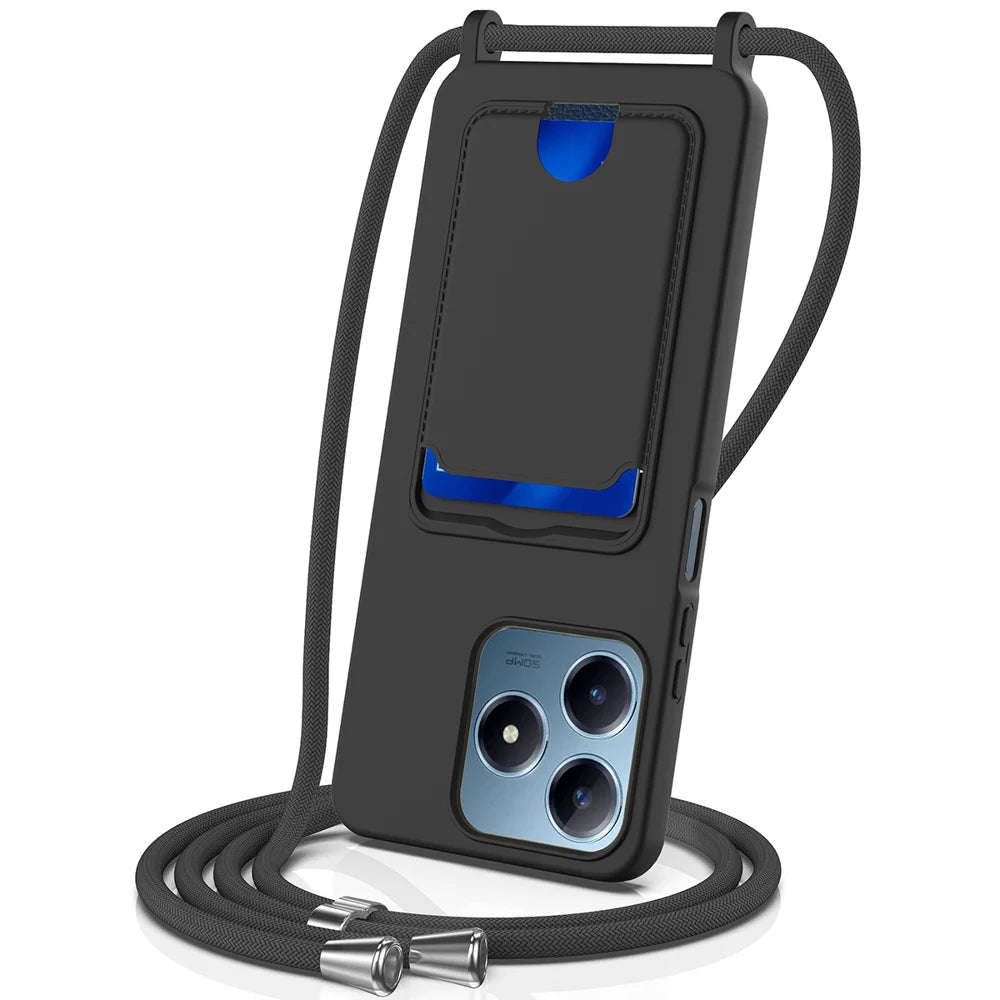 For Realme Note 60x 4G / C63 4G / C61 4G / C61 (India) 4G / Narzo N63 4G / Note 60 Case Liquid Silicone Card Holder Back Cover with Lanyard - Black - 1