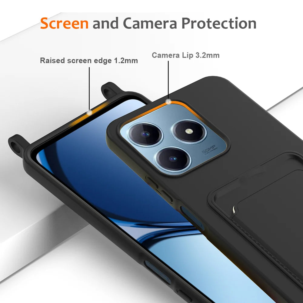 For Realme Note 60x 4G / C63 4G / C61 4G / C61 (India) 4G / Narzo N63 4G / Note 60 Case Liquid Silicone Card Holder Back Cover with Lanyard - Black - 5