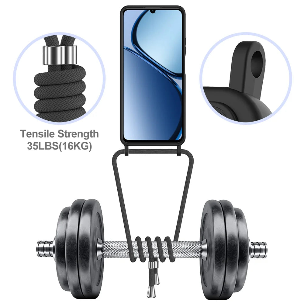 For Realme Note 60x 4G / C63 4G / C61 4G / C61 (India) 4G / Narzo N63 4G / Note 60 Case Liquid Silicone Card Holder Back Cover with Lanyard - Black - 6