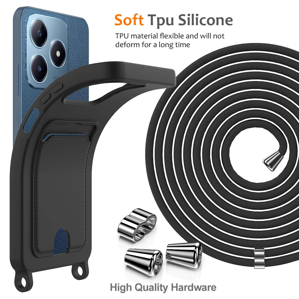 For Realme Note 60x 4G / C63 4G / C61 4G / C61 (India) 4G / Narzo N63 4G / Note 60 Case Liquid Silicone Card Holder Back Cover with Lanyard - Black - 7