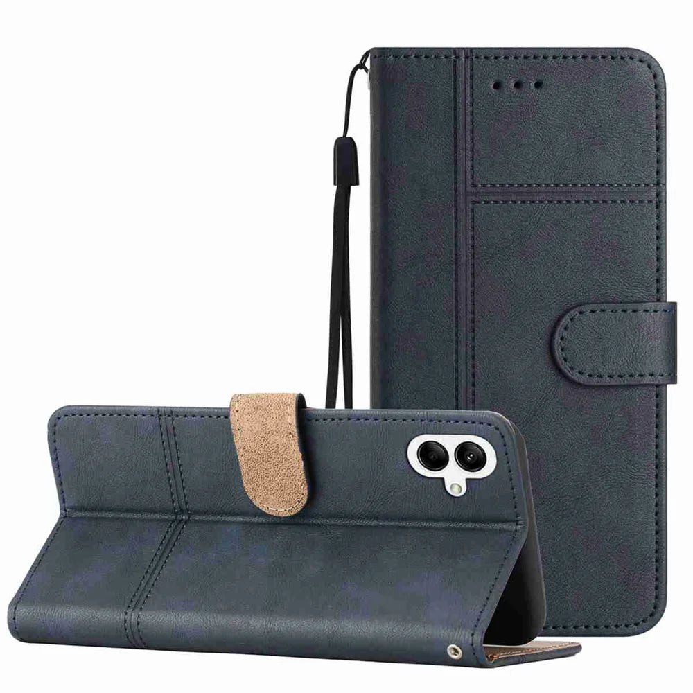 For Samsung Galaxy A08 5G / A08 4G / A07 4G Wallet Case Line Imprinted Cowhide Texture PU Leather Phone Cover - Blue - 1