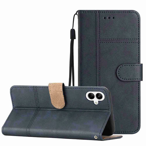 For Samsung Galaxy A08 5G / A08 4G / A07 4G Wallet Case Line Imprinted Cowhide Texture PU Leather Phone Cover - Blue - 1
