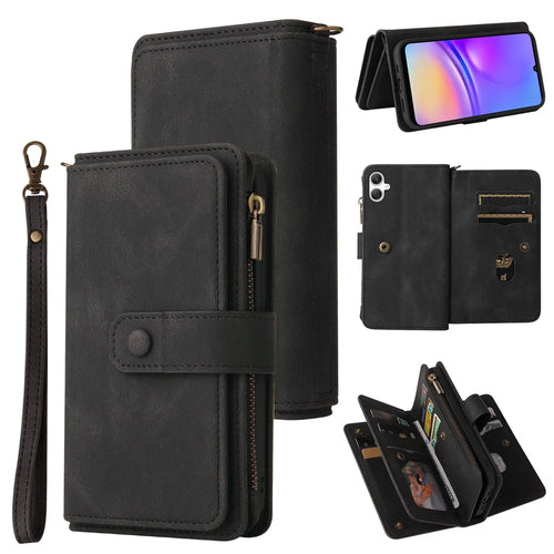 For Samsung Galaxy A08 5G / A08 4G / A07 4G / A06 4G / A06 5G Zipper Wallet Case with 15 Card Slots and Strap Leather Phone Cover - Black - 1