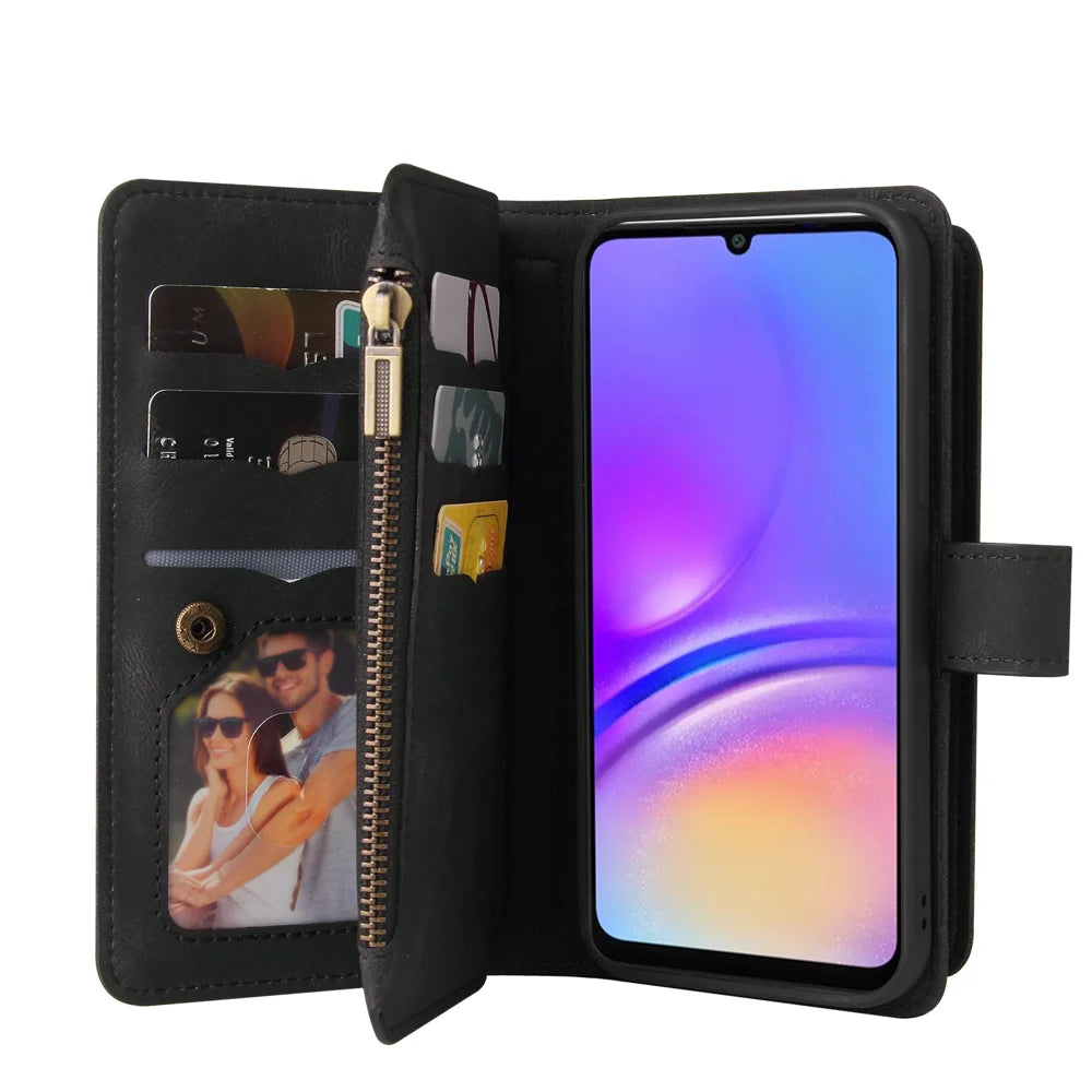 For Samsung Galaxy A08 5G / A08 4G / A07 4G / A06 4G / A06 5G Zipper Wallet Case with 15 Card Slots and Strap Leather Phone Cover - Black - 2