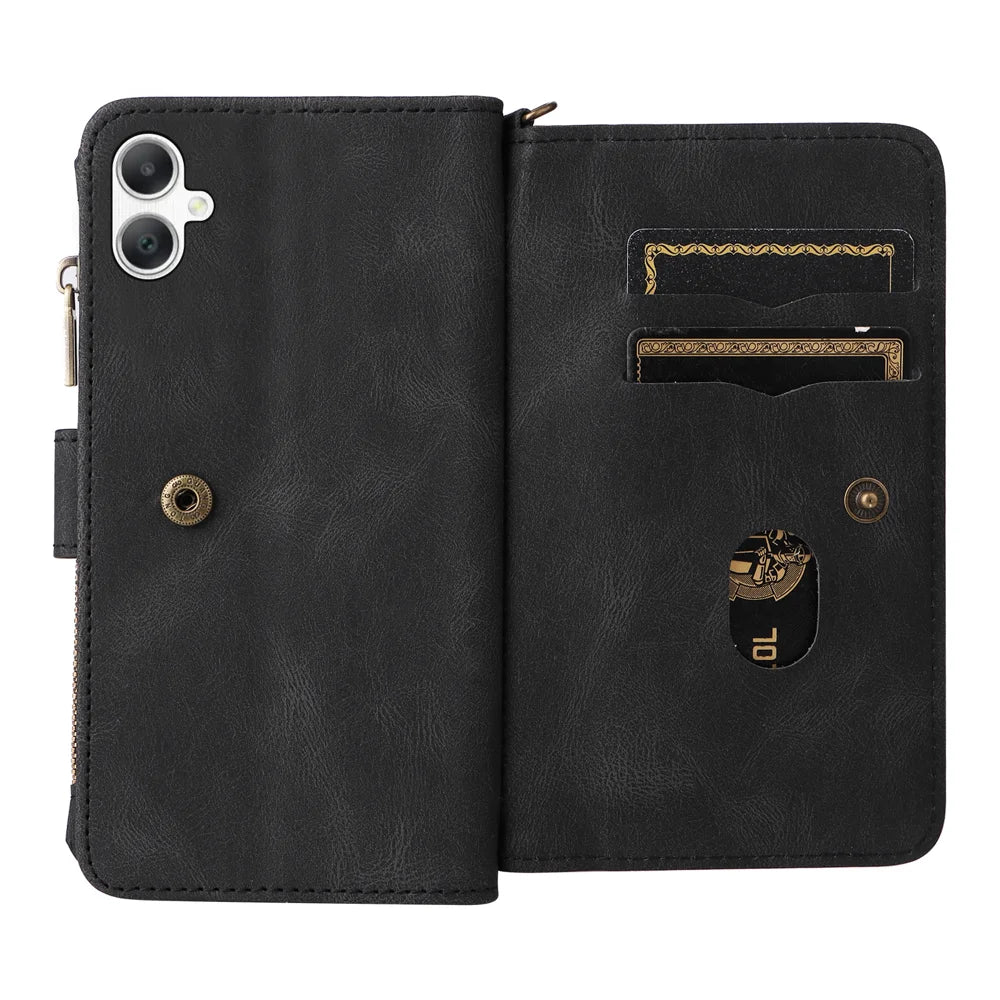 For Samsung Galaxy A08 5G / A08 4G / A07 4G / A06 4G / A06 5G Zipper Wallet Case with 15 Card Slots and Strap Leather Phone Cover - Black - 3