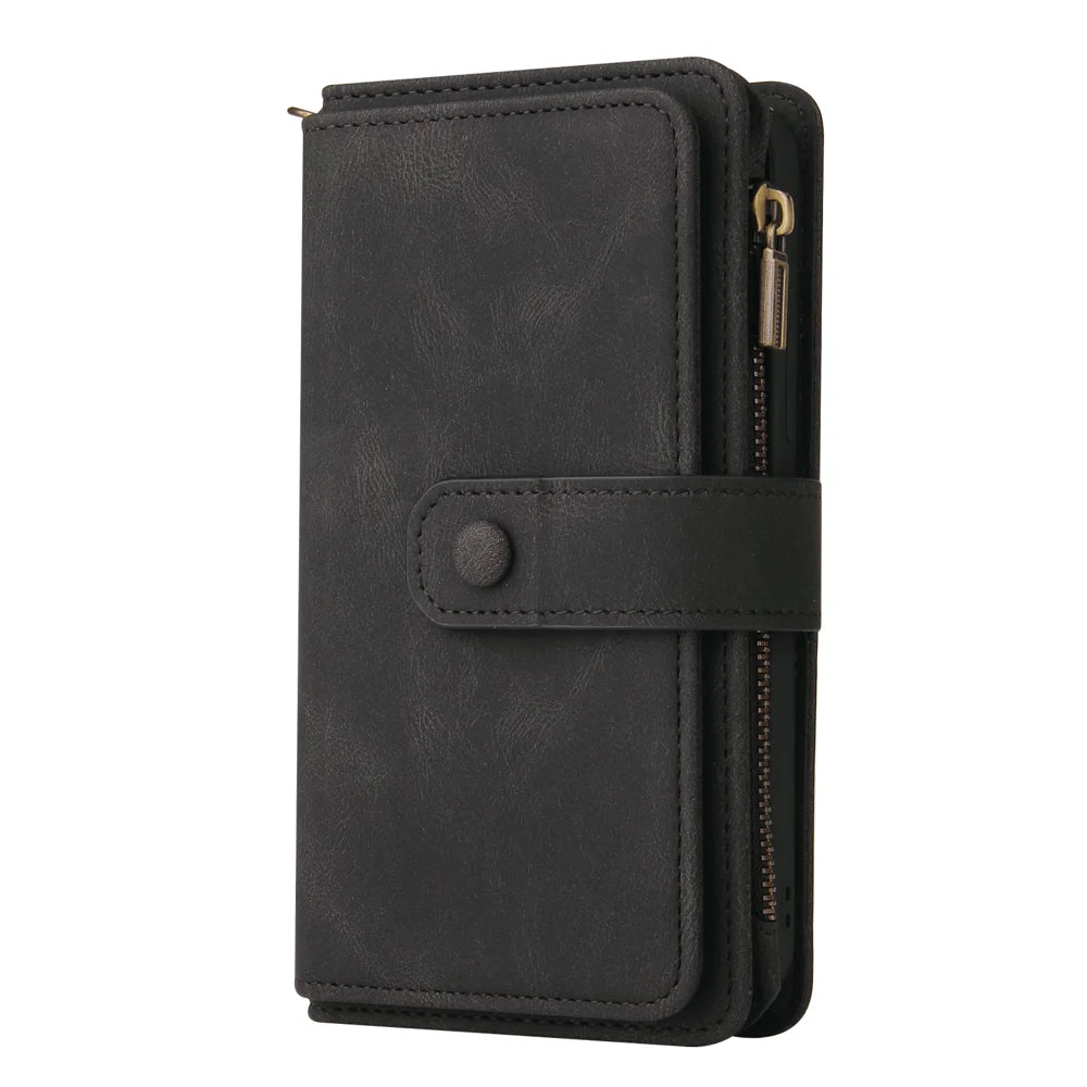 For Samsung Galaxy A08 5G / A08 4G / A07 4G / A06 4G / A06 5G Zipper Wallet Case with 15 Card Slots and Strap Leather Phone Cover - Black - 7
