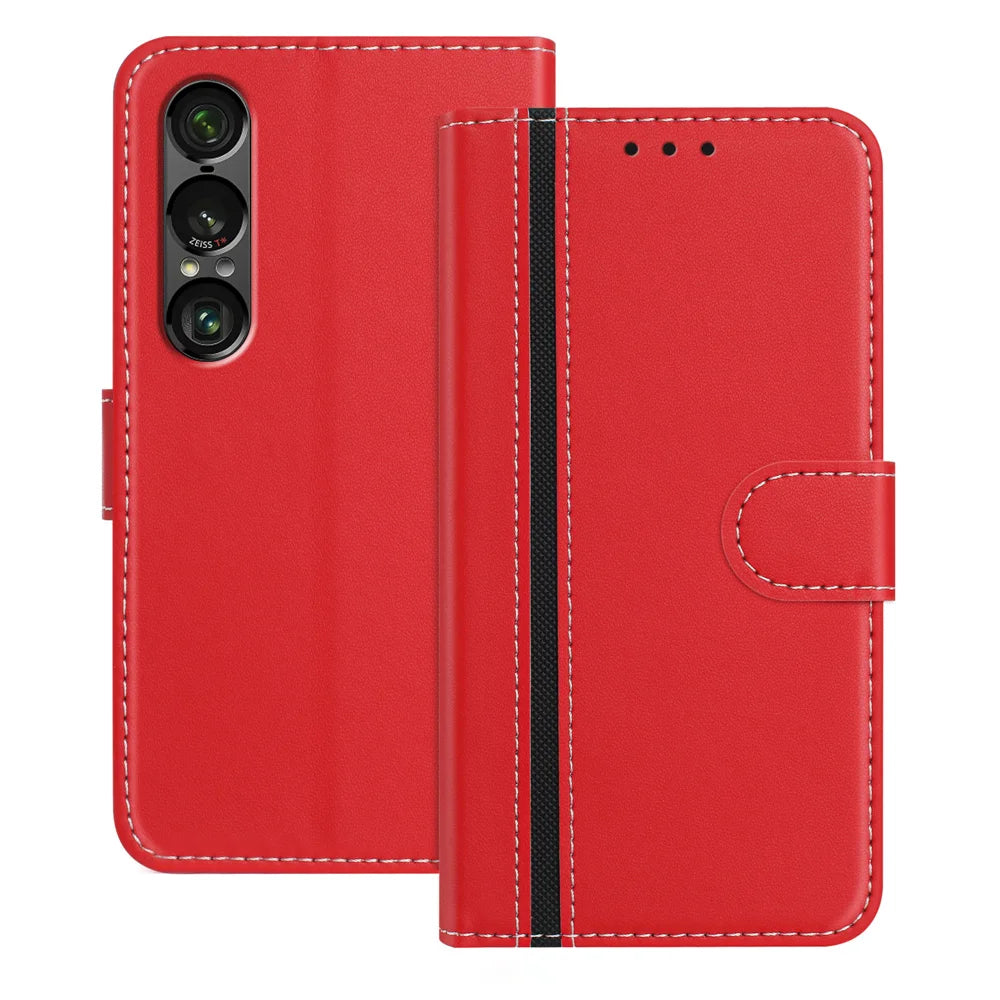 For Sony Xperia 1 VII Phone Cases Wallet Stand Color Splicing Leather Cover with Magnetic Clasp - Red - 1