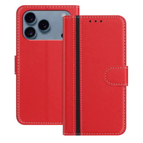 For iPhone 18 Pro / 17 Pro Phone Cases Wallet Stand Color Splicing Leather Cover with Magnetic Clasp - Red - 1