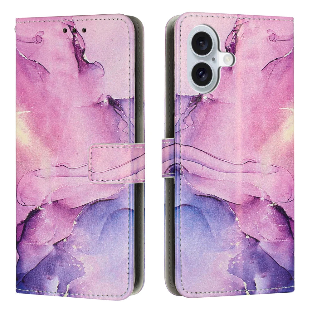 For iPhone 17 Stand Case Marble Pattern PU Leather Wallet Phone Cover - Purple - 1