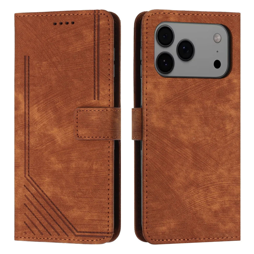 For iPhone 18 Pro Max / 17 Pro Max Stand Case Imprinted Lines Leather Phone Cover - Brown - 1