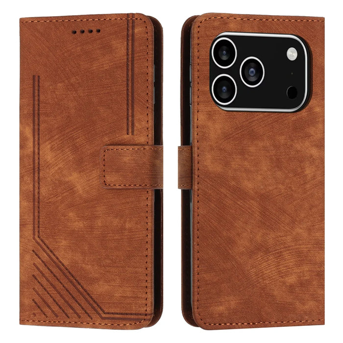 For iPhone 18 Pro / 17 Pro Stand Case Imprinted Lines Leather Phone Cover - Brown - 1