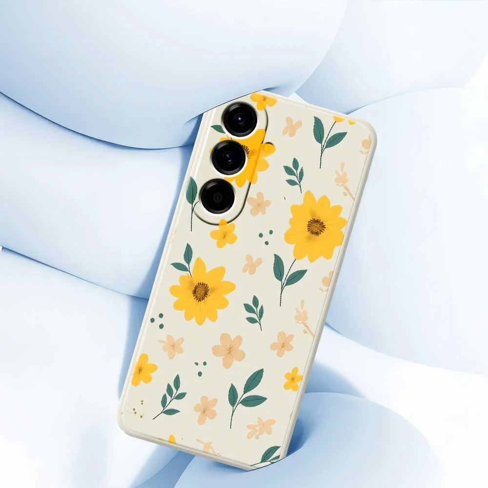 For Samsung Galaxy A56 5G Case Yellow Floral and Leaves Pattern Printing Straight Edge TPU Phone Back Cover - Beige - 5