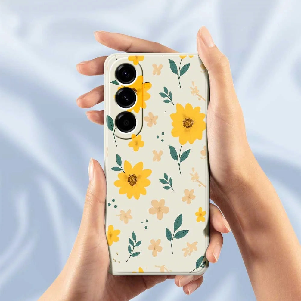 For Samsung Galaxy A56 5G Case Yellow Floral and Leaves Pattern Printing Straight Edge TPU Phone Back Cover - Beige - 6