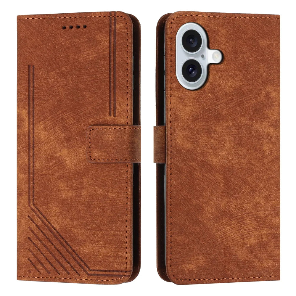 For iPhone 17 Stand Case Imprinted Lines Leather Phone Cover - Brown - 1