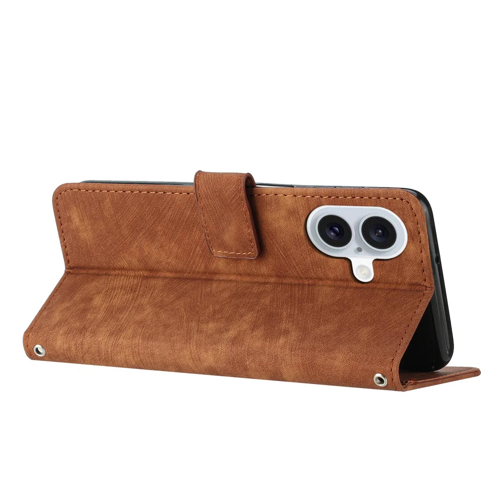 For iPhone 17 Stand Case Imprinted Lines Leather Phone Cover - Brown - 3