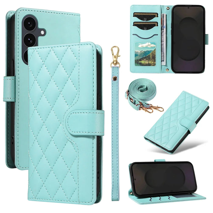 For Samsung Galaxy S25 FE Wallet Case Rhombus Leather Phone Cover with Strap - Green - 1