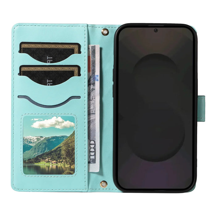 For Samsung Galaxy S25 FE Wallet Case Rhombus Leather Phone Cover with Strap - Green - 2