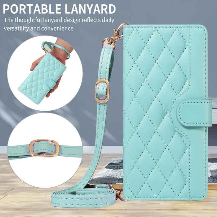 For Samsung Galaxy S25 FE Wallet Case Rhombus Leather Phone Cover with Strap - Green - 6