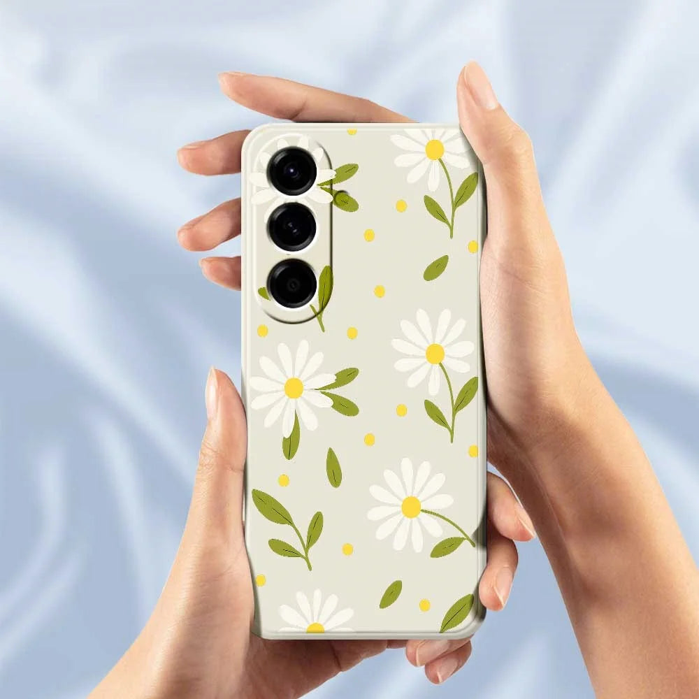 For Samsung Galaxy A56 5G Case White Flowers Green Leaves Pattern Printing Straight Edge TPU Phone Back Cover - White - 6