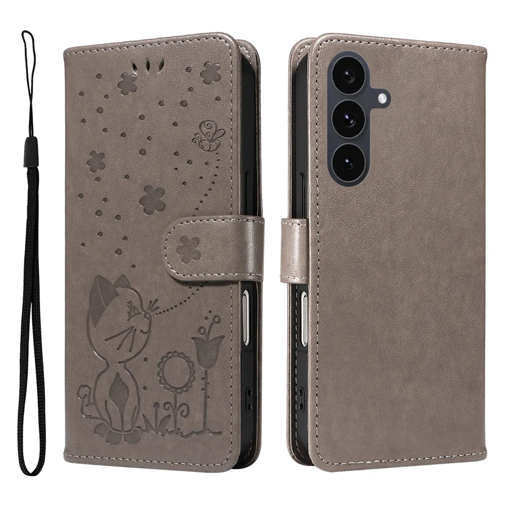 For Samsung Galaxy S25 FE Leather Wallet Case Cat Bee Pattern Phone Cover Stand - Grey - 1