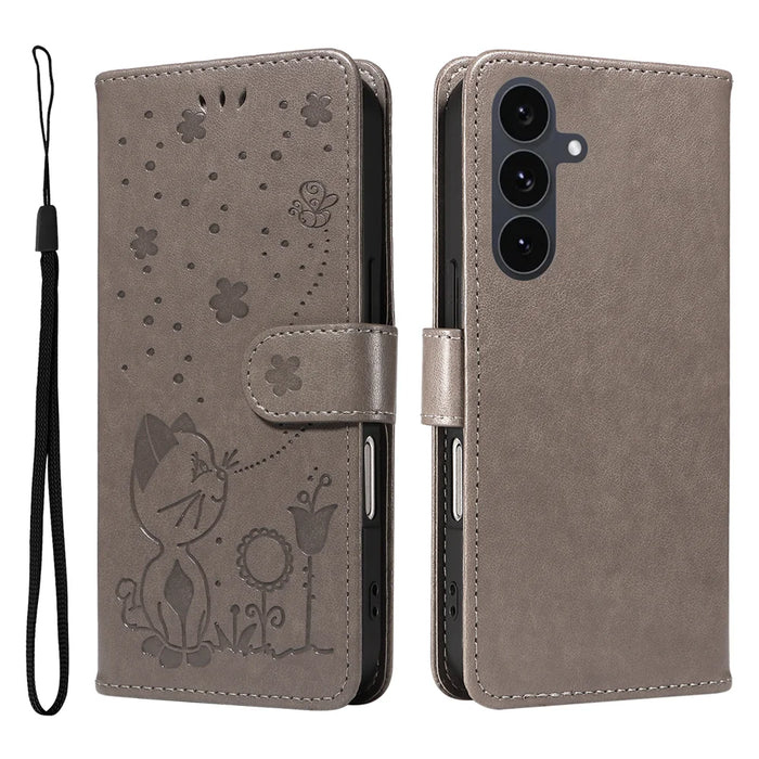 For Samsung Galaxy S25 FE Leather Wallet Case Cat Bee Pattern Phone Cover Stand - Grey - 1