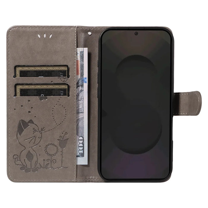 For Samsung Galaxy S25 FE Leather Wallet Case Cat Bee Pattern Phone Cover Stand - Grey - 2