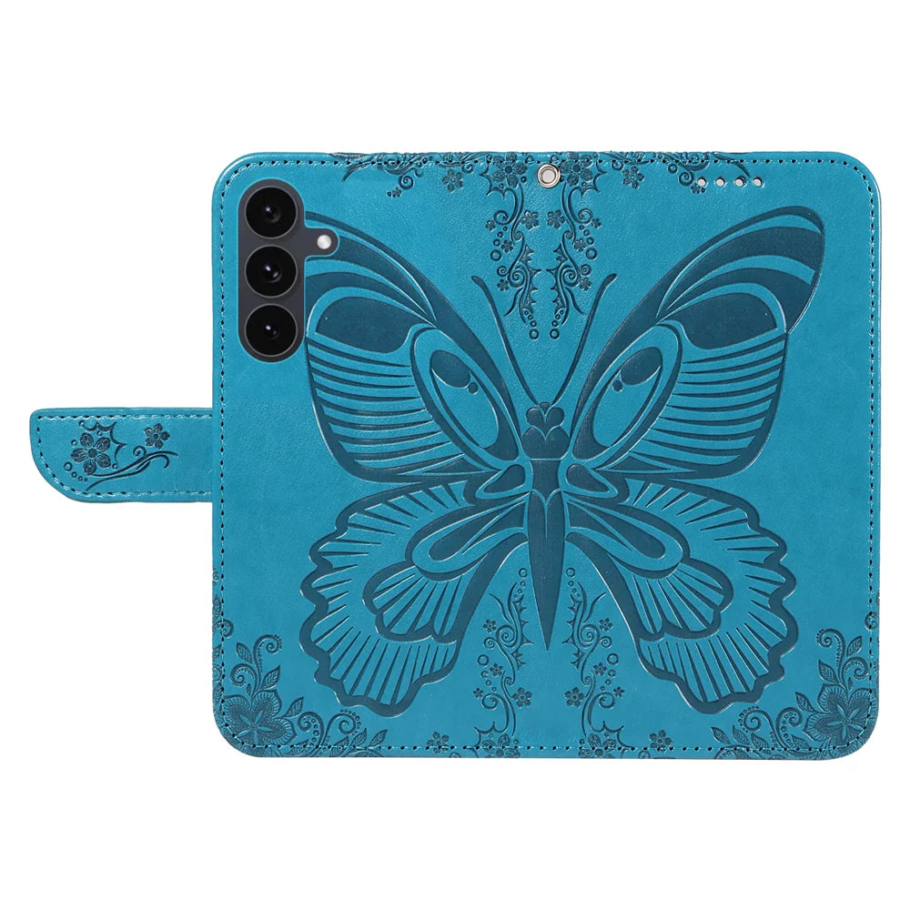 For Samsung Galaxy S25 FE Case Butterfly Pattern PU Leather Folio Flip Phone Cover -  Blue - 3