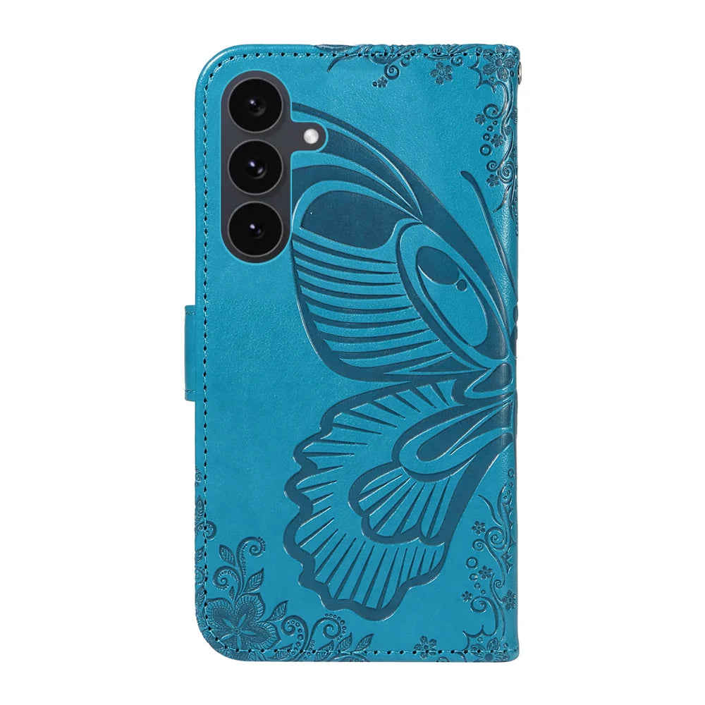 For Samsung Galaxy S25 FE Case Butterfly Pattern PU Leather Folio Flip Phone Cover -  Blue - 7